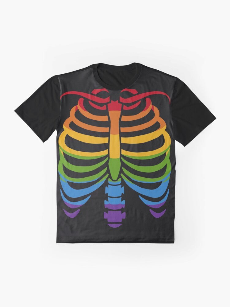 LGBTQ Pride Skeleton Graphic T-Shirt with Rainbow Ribcage - Flat lay