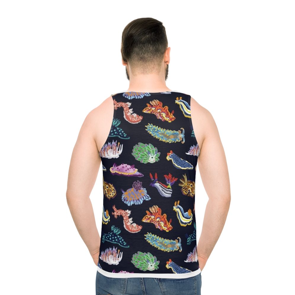 Colorful unisex tank top with nudibranch sea slug design - men back