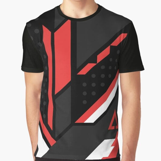 CSGO graphic t-shirt with black, red, and white design featuring popular in-game elements