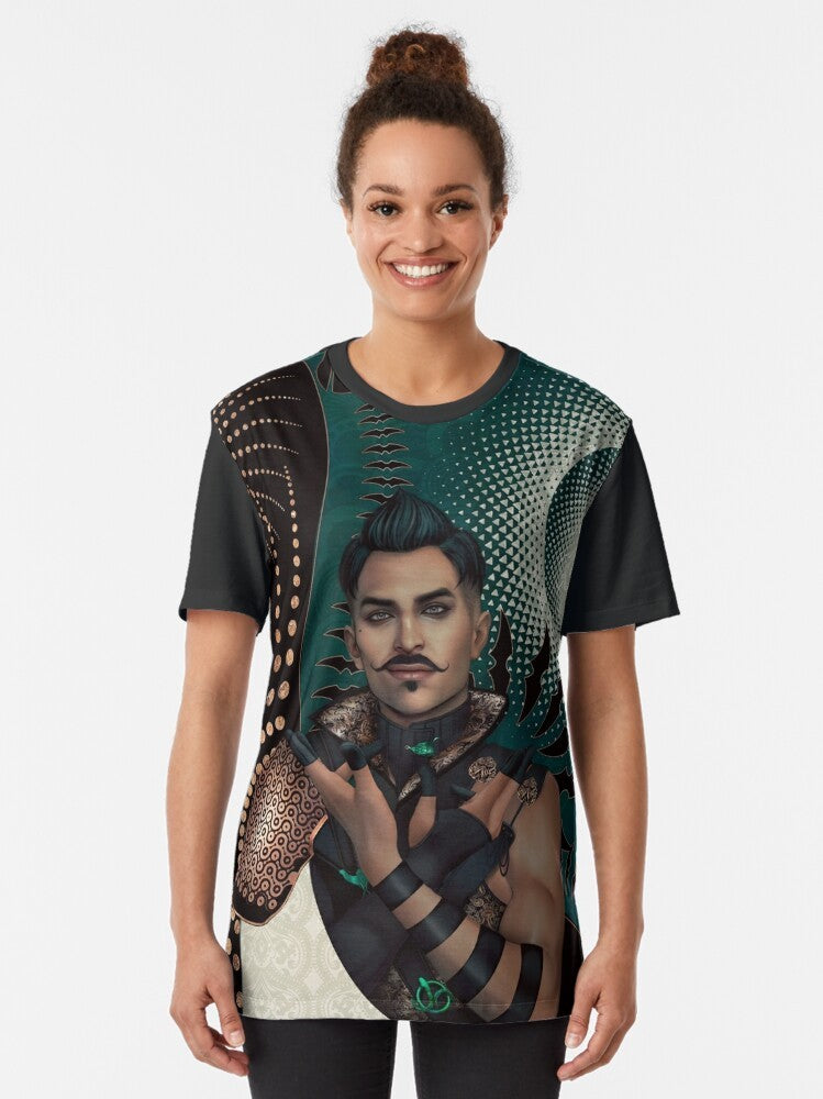 Dorian Pavus "Requiem for an Empire" graphic t-shirt, featuring a tarot-inspired design with a dragon and mage imagery from the Dragon Age: Inquisition video game. - Women