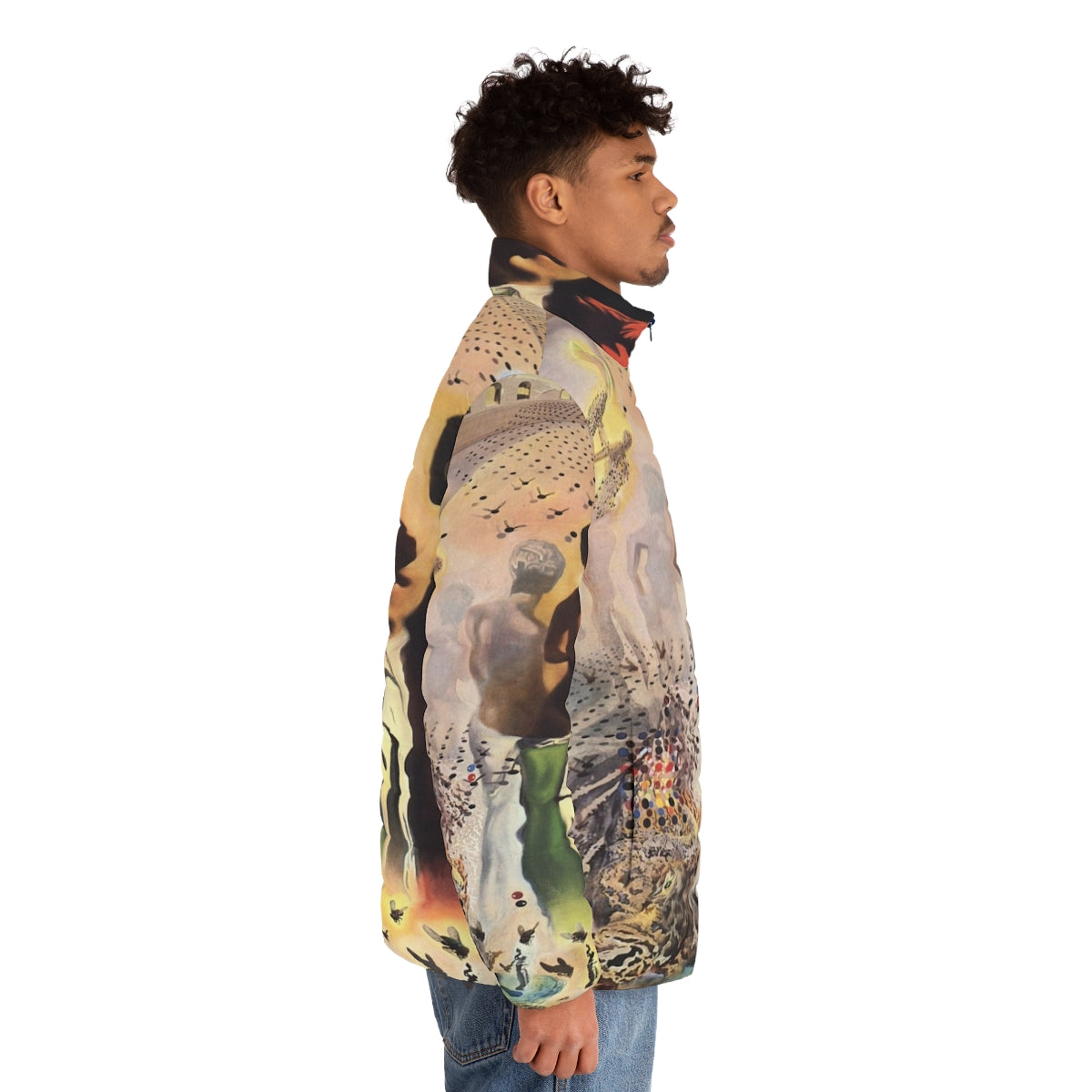 Salvador Dali's surrealist masterpiece "The Hallucinogenic Toreador" featured on a high-quality puffer jacket. - men side right