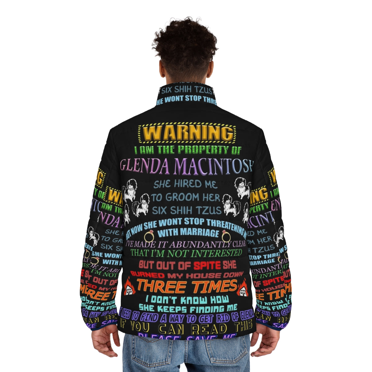 Weirdly specific Glenda puffer jacket with a humorous, quirky design - men back