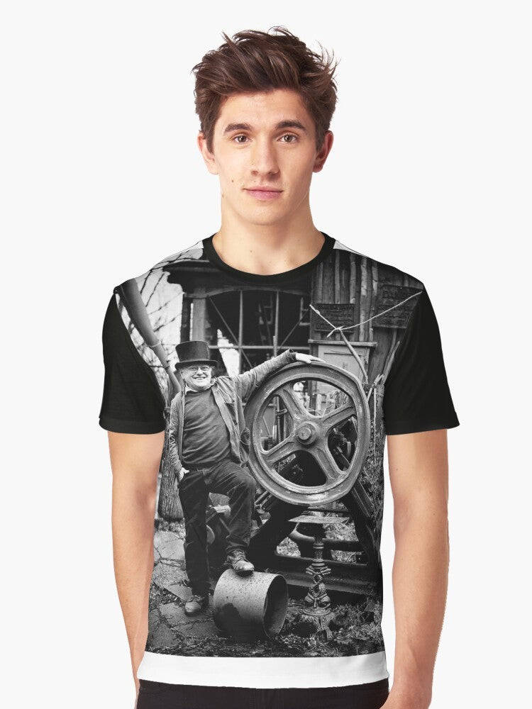 Vintage graphic t-shirt featuring an illustration of Fred Dibnah, a famous English steeplejack and industrial heritage enthusiast. - Men