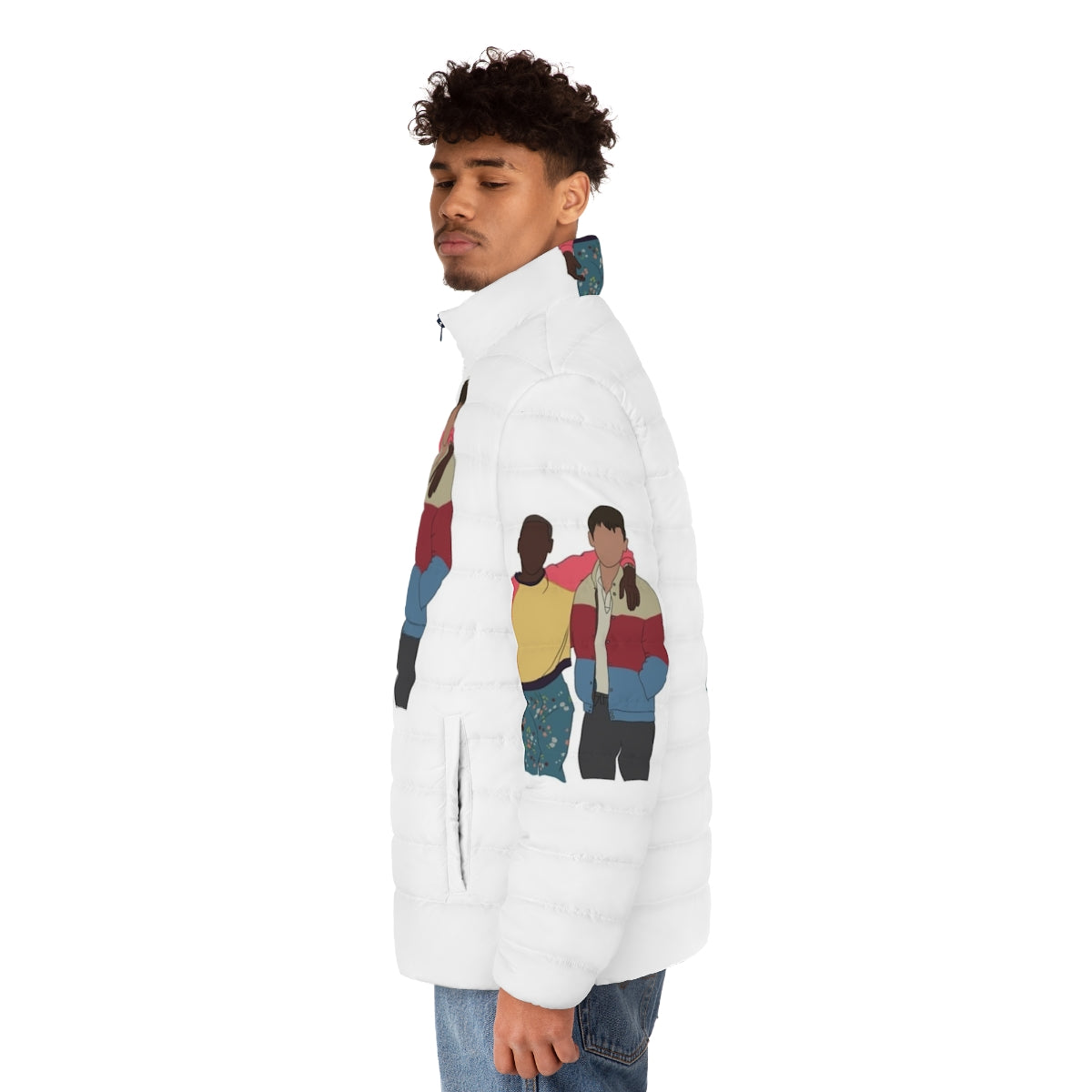 Vibrant illustration of Otis, Eric, and Maeve from the Netflix series Sex Education featured on a puffer jacket - men side left