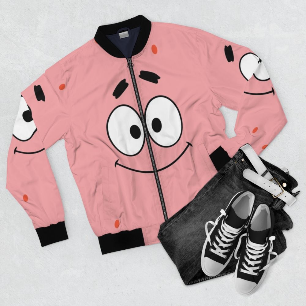 Patrick Star cartoon character printed on a navy blue bomber jacket - Flat lay