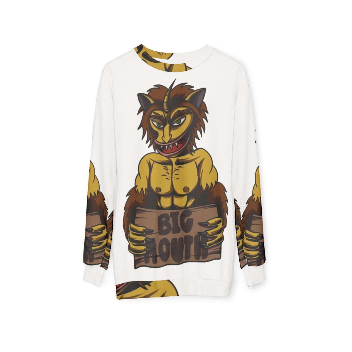 Big Mouth Netflix Sweatshirt featuring Hormone Monster character - hanging