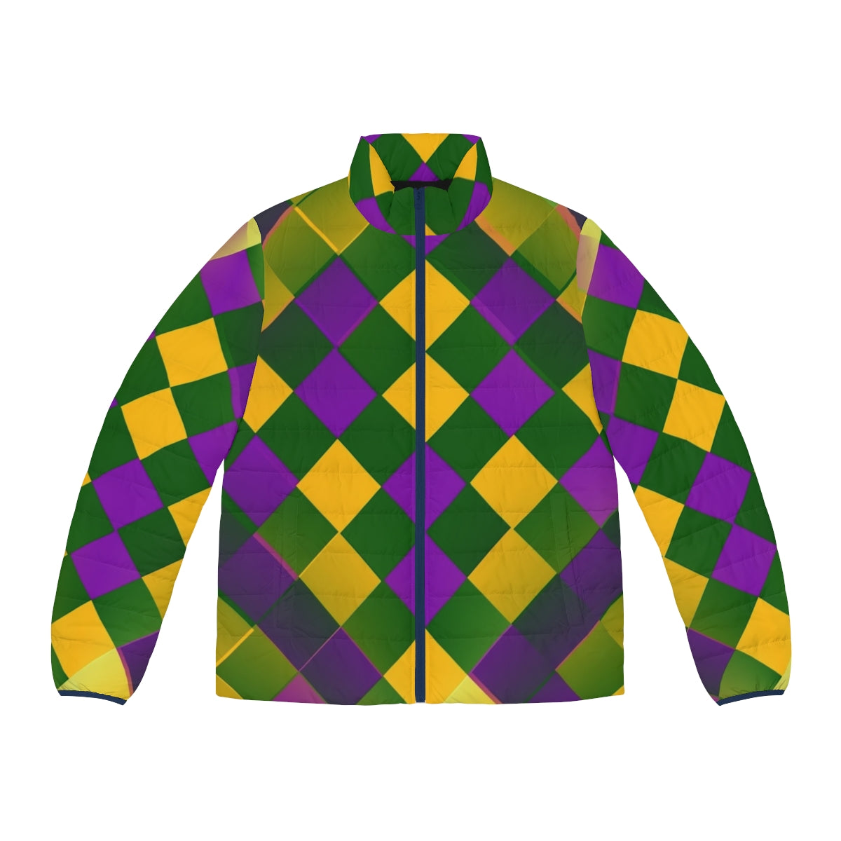 Mardi Gras puffer jacket with a colorful graphic design pattern