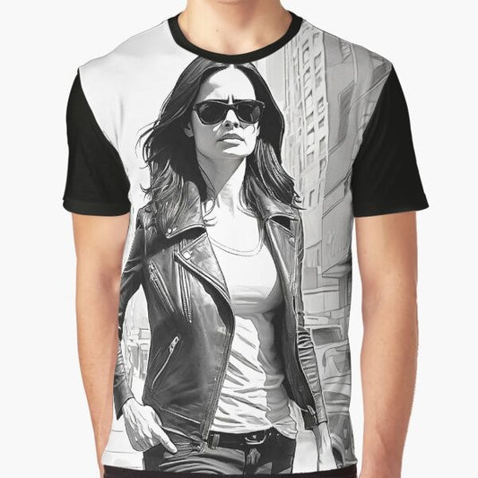 Sketch-inspired Jessica Jones graphic t-shirt featuring the Marvel superhero in an urban, noir setting