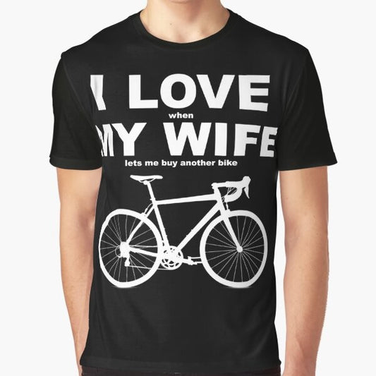 Funny graphic t-shirt with text "I LOVE MY WIFE*" and biking/cycling icons