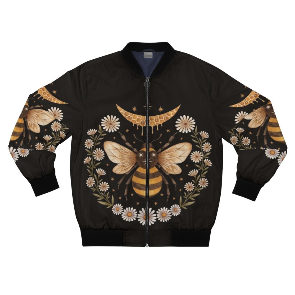 Honeymoon bomber jacket with bee, honeycomb, and floral design