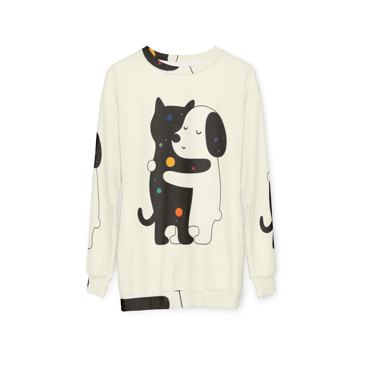 Cozy sweatshirt with colorful universal language design for animal lovers - hanging