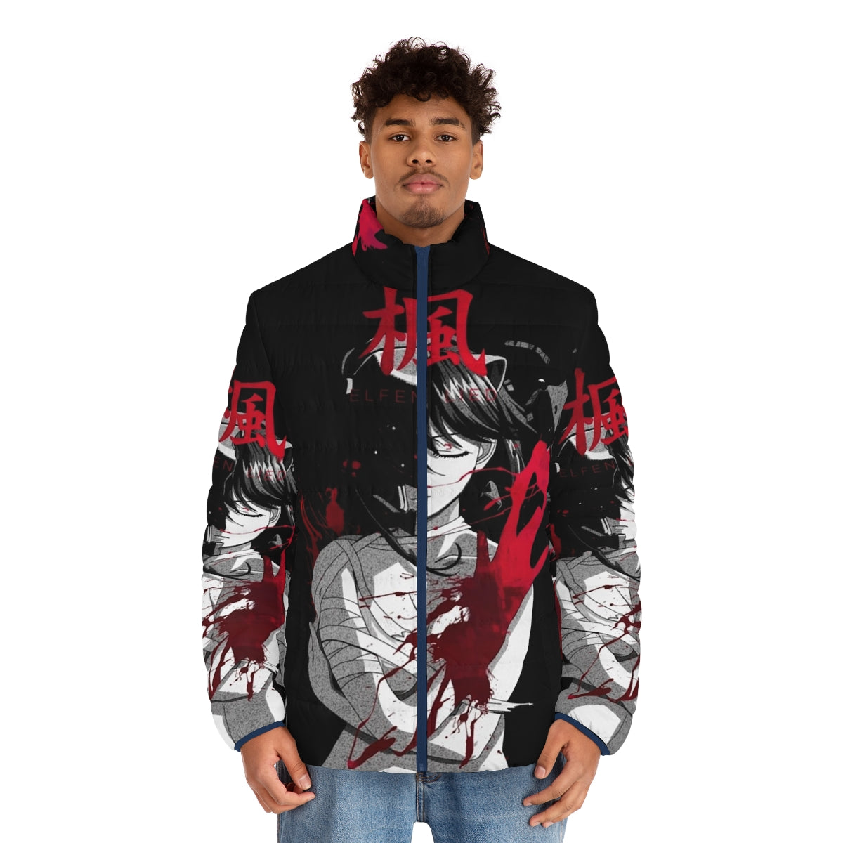 Dark puffer jacket with anime-inspired design - men front