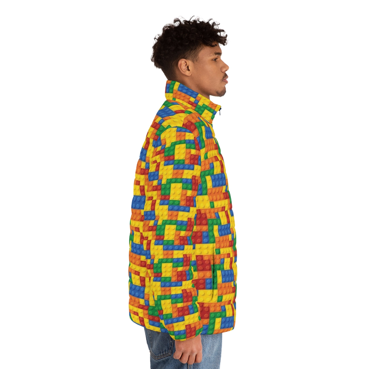 Vibrant puffer jacket featuring a lego block pattern design - men side right