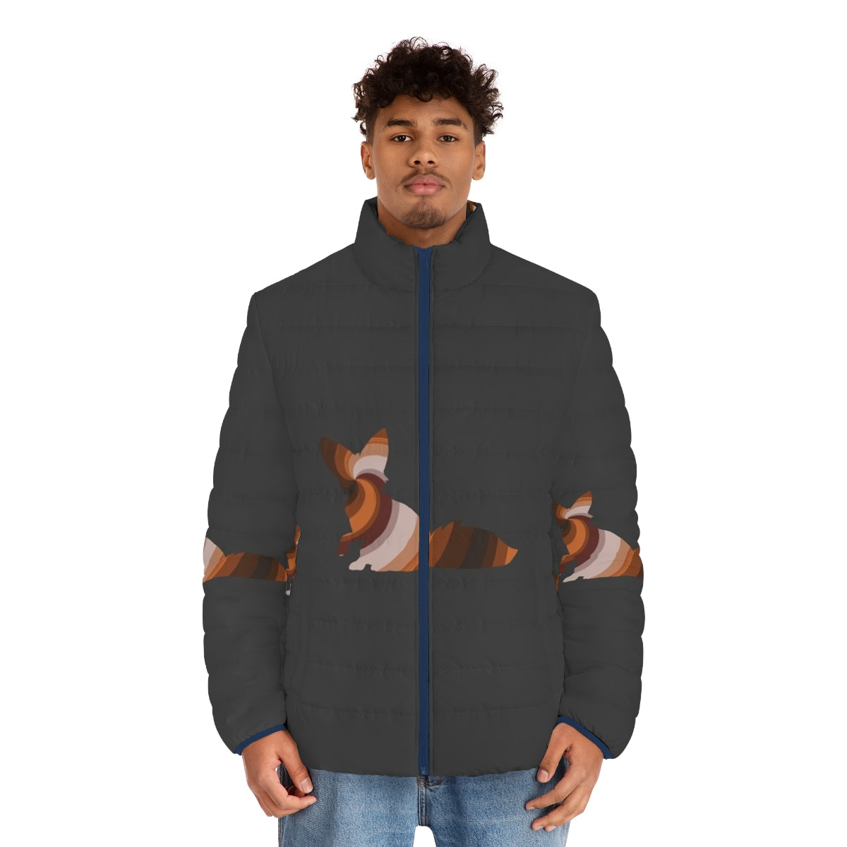 Vibrant watercolor-style illustration of a fox on a puffer jacket - men front