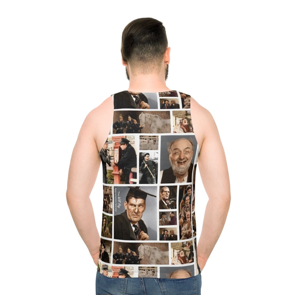 Unisex tank top featuring colourized film stills from classic British comedy - men back