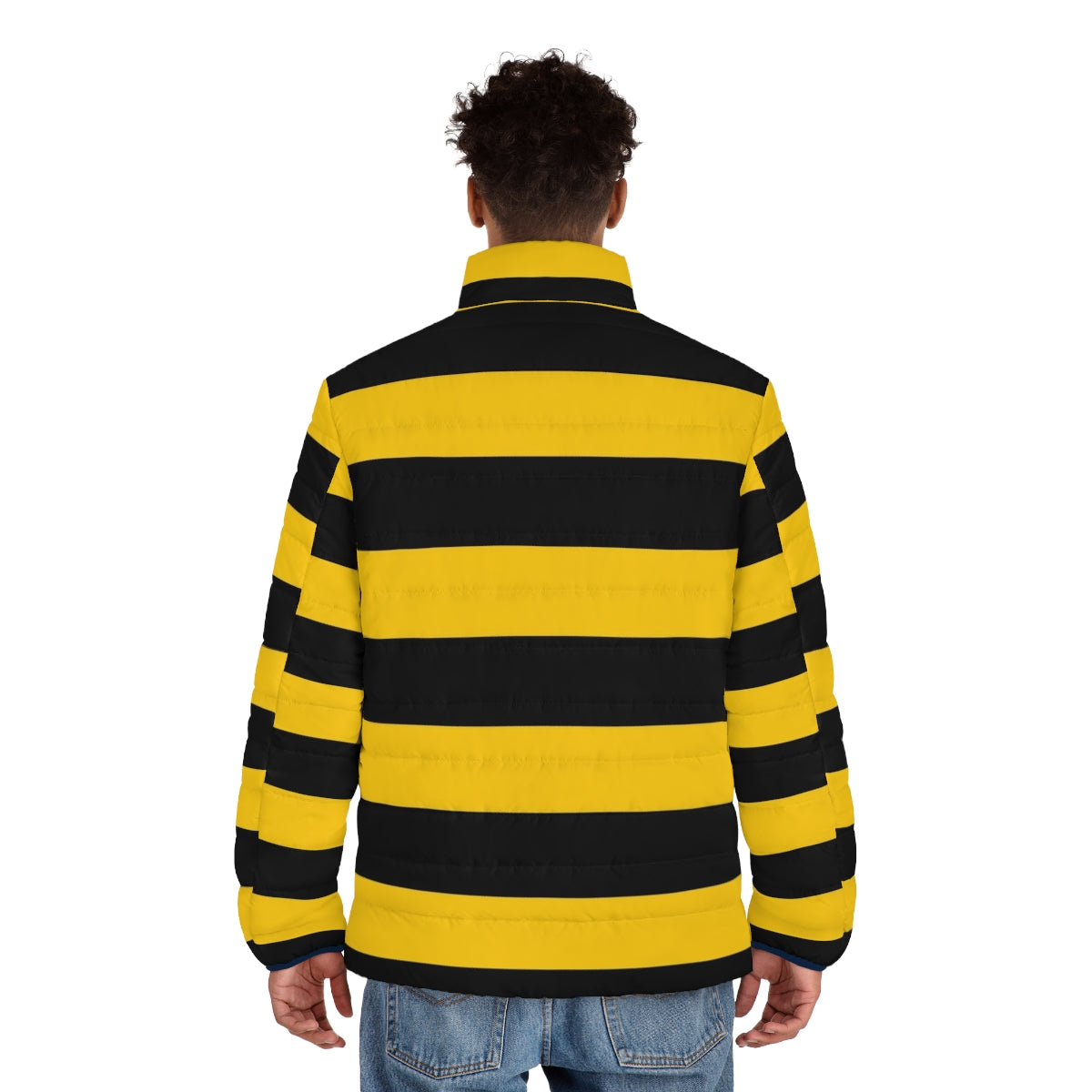 Puffer jacket with a vibrant bee pattern in black and yellow stripes - men back