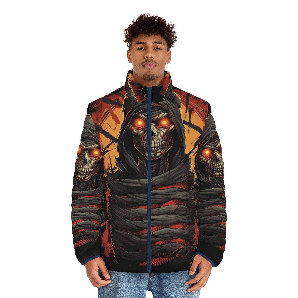 Dark 'Writhing Darkness' puffer jacket with spooky mummy design - men front