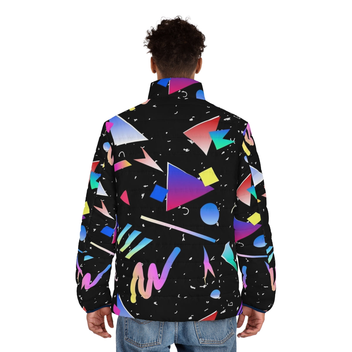 Black puffer jacket with abstract 90s 80s retro pattern - men back