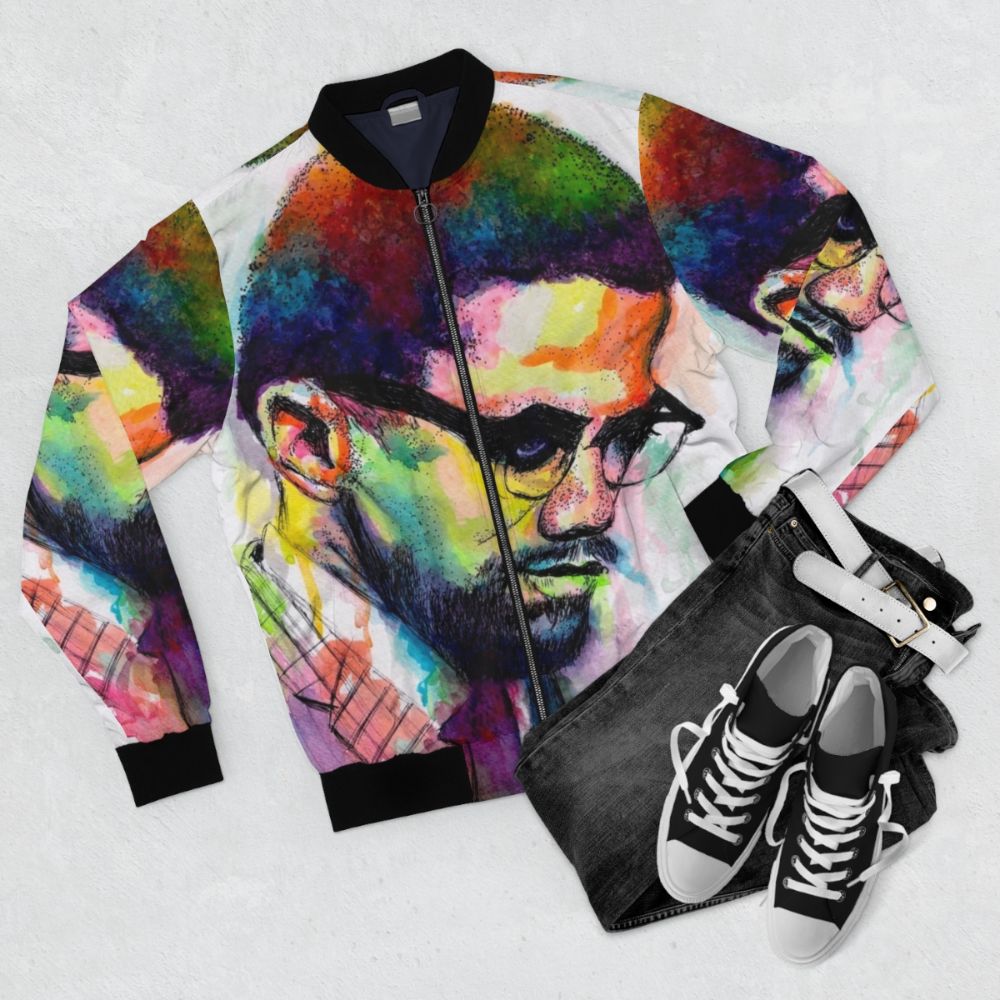 Malcolm X Civil Rights Activist Art Bomber Jacket - Flat lay