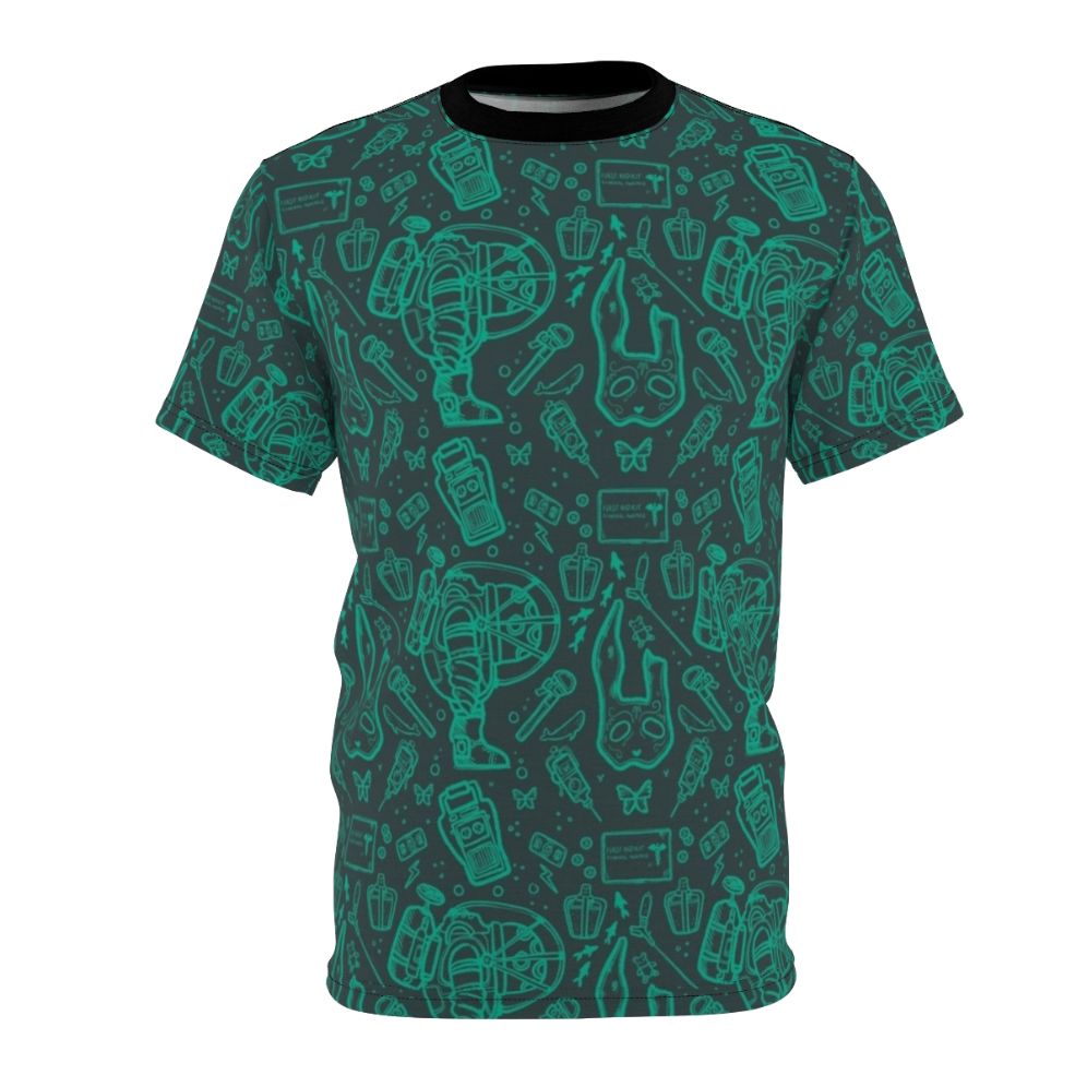 Bioshock inspired graphic tee featuring a continuous pattern design with Rapture elements in blue