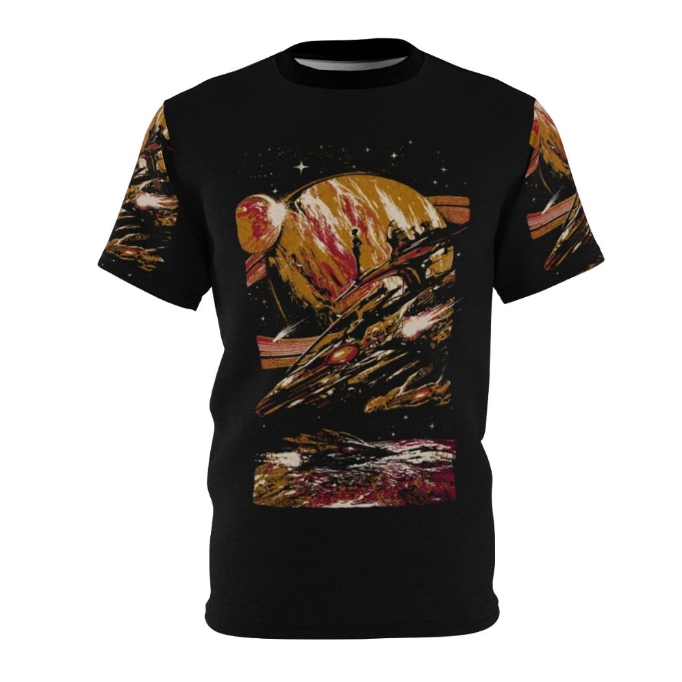 Futuristic sci-fi t-shirt featuring a space-themed design with planets, stars, and a flashlight.