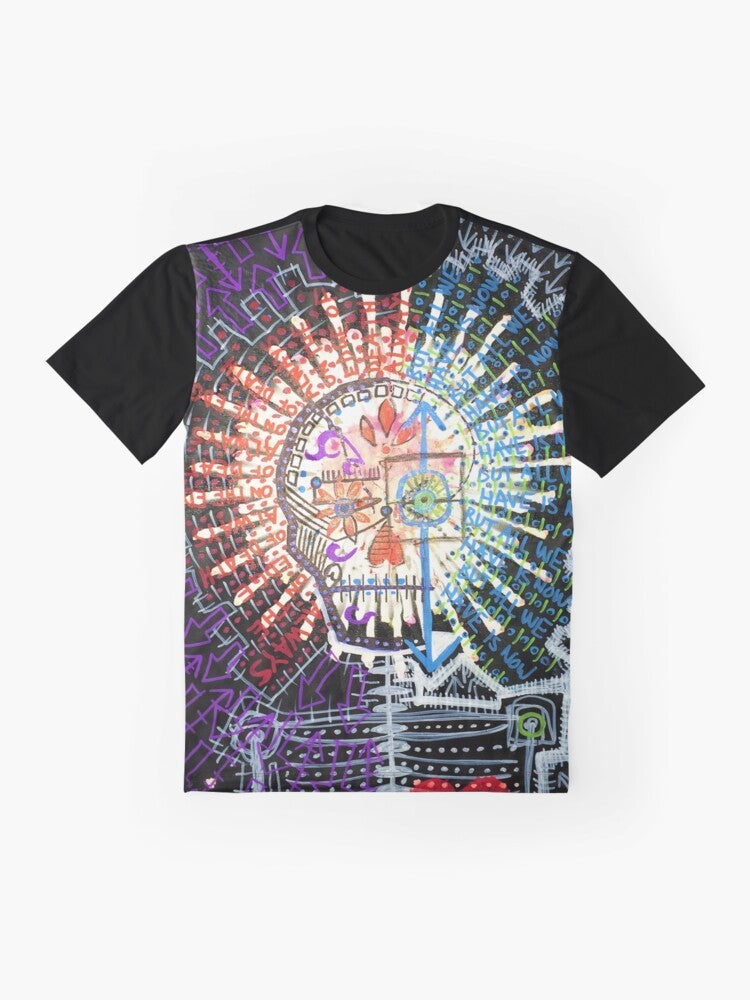 Surreal abstract art graphic t-shirt with the words "Always On The Edge Of Death, But All We Have Is Now" - Flat lay