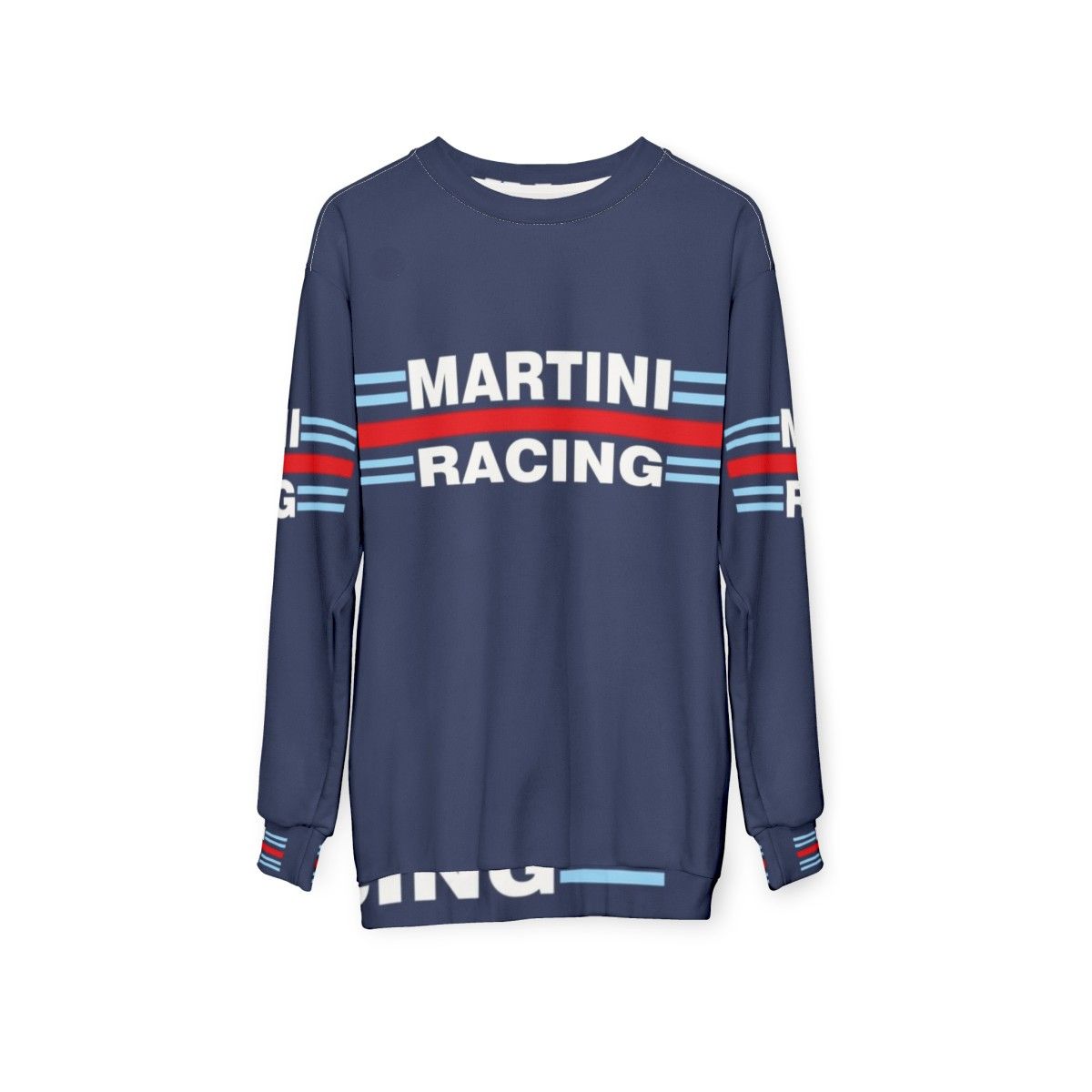 Vintage Martini Racing Sweatshirt featuring classic motorsport design - hanging