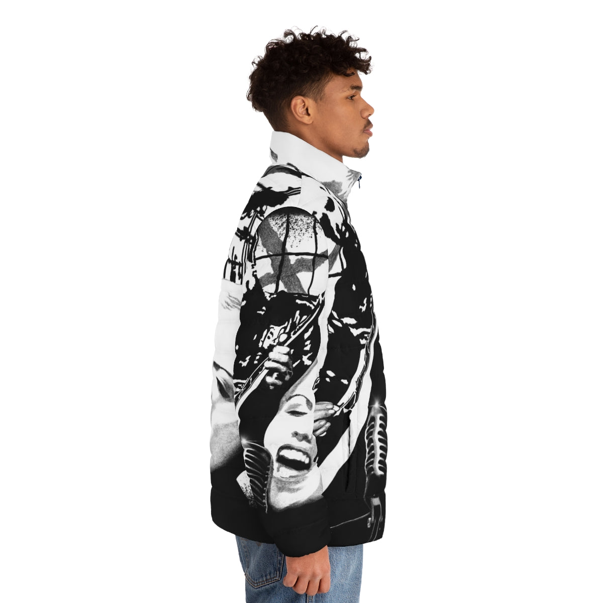 Dolores O'Riordan inspired black and white puffer jacket with pen and ink fan art design - men side right