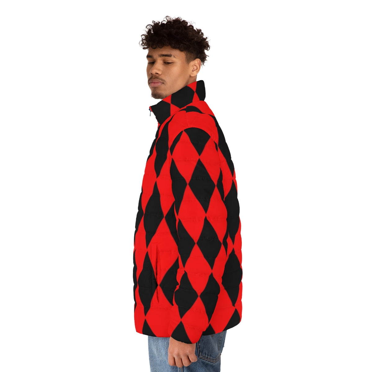 Red and black diamond patterned puffer jacket - men side left