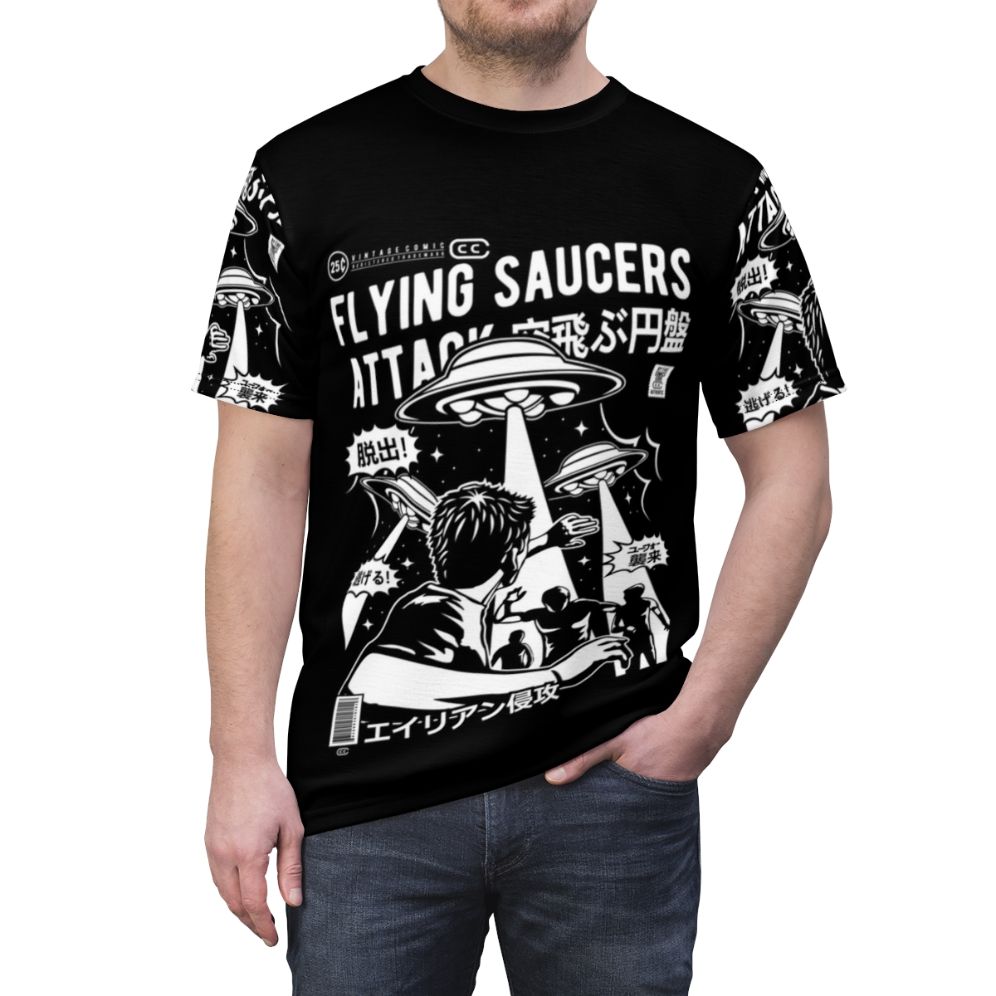 Vintage inspired UFO cartoon design on a t-shirt - men front