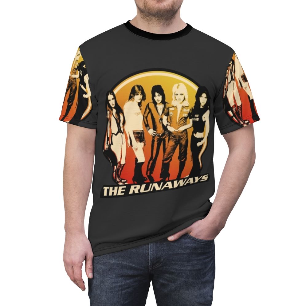 Vintage-inspired all-over-print t-shirt featuring a 1970s rock band design - men front