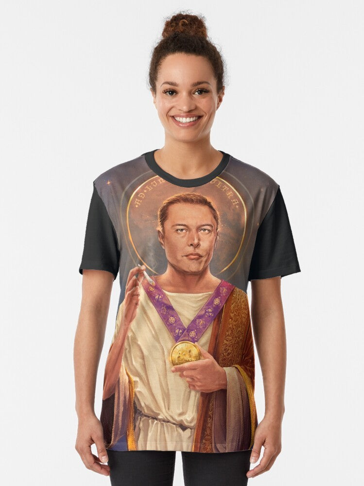 Elon Musk space exploration graphic t-shirt featuring a pop art style religious-inspired painting of Elon Musk. - Women