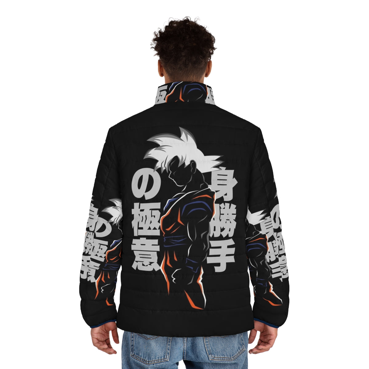 Anime-inspired Jpn Ui puffer jacket with Super Saiyan design - men back