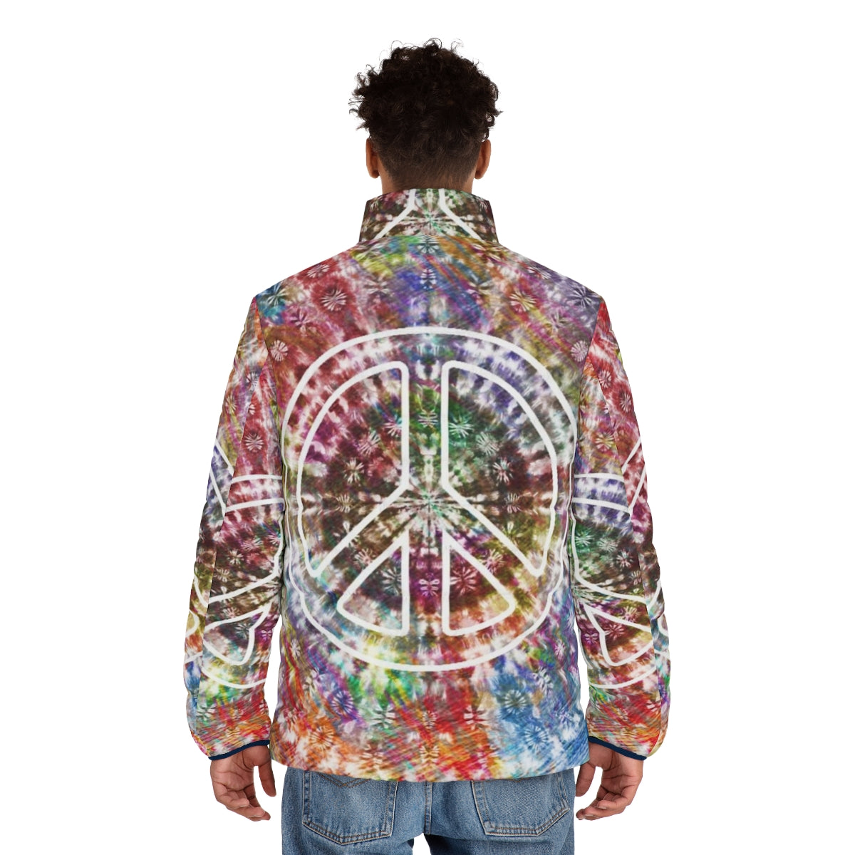 Vibrant retro tie-dye puffer jacket with peace sign and psychedelic design - men back