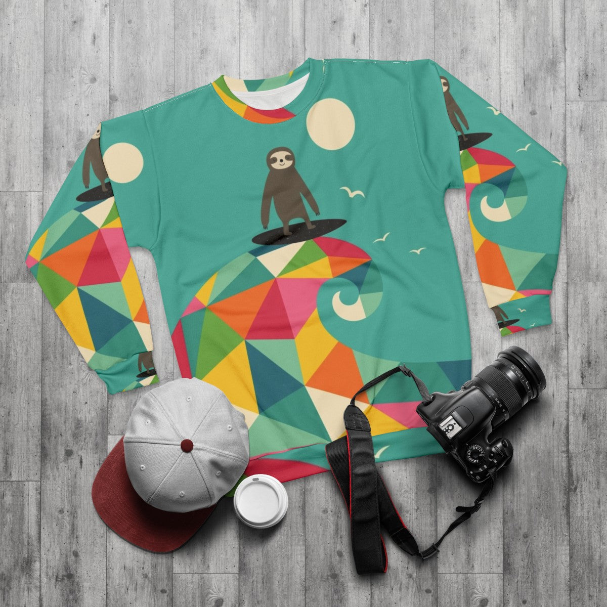 Surfing Sloth Geometric Rainbow Sweatshirt - flat lay