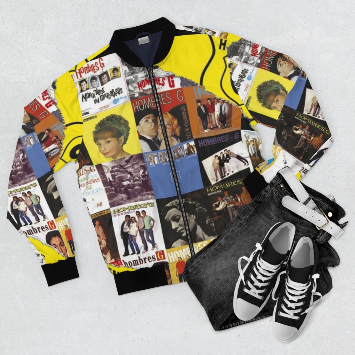 Hombres G Bomber Jacket - Retro 80s Spanish Pop Band Merchandise - Flat lay