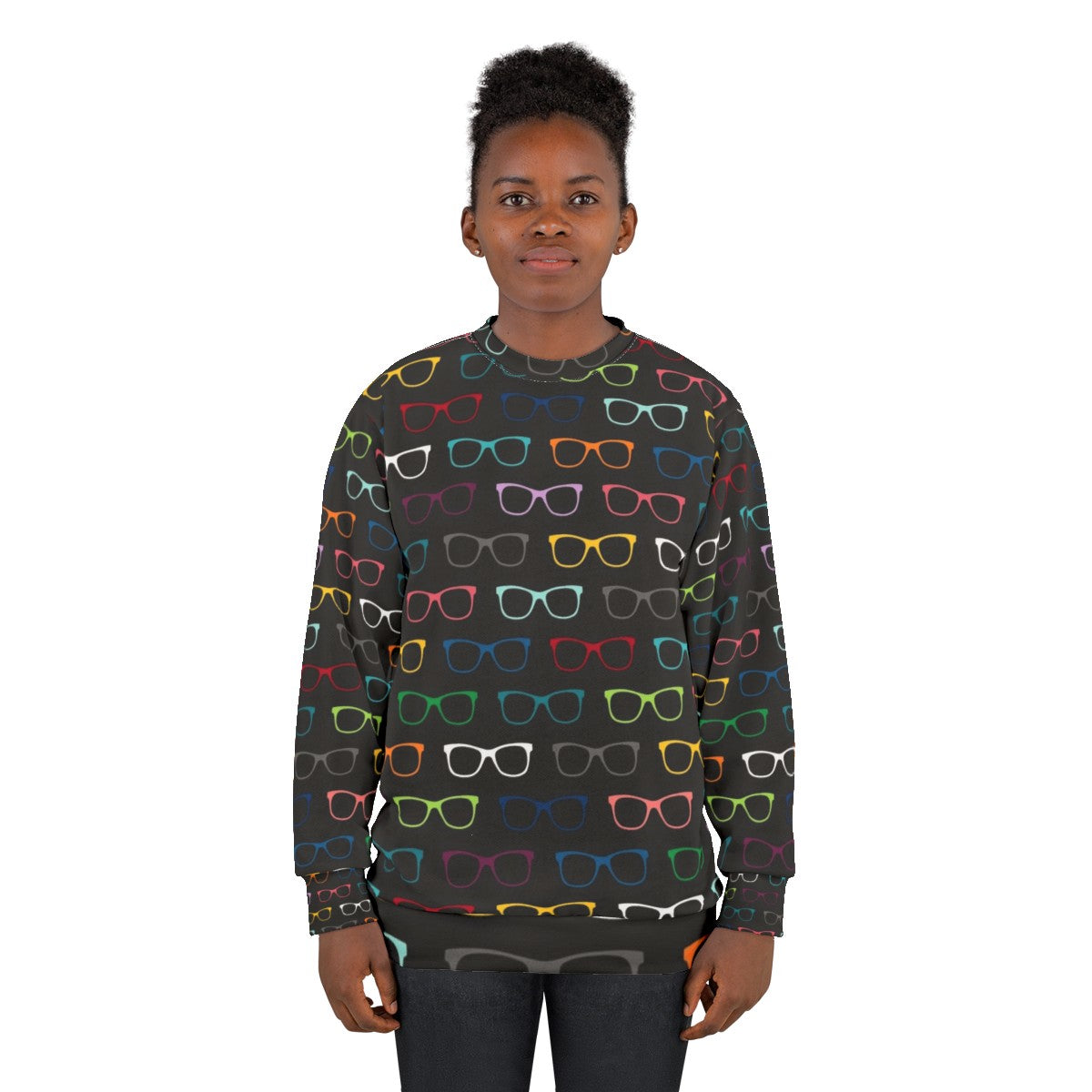 Colorful sweatshirt with a trendy eyeglasses pattern - women