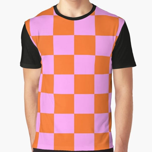 Retro checkerboard pattern t-shirt in bright orange, red, and pink colors