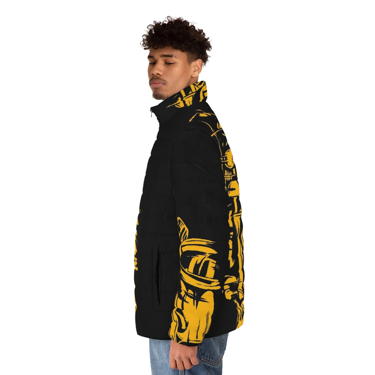 Saxophone Keywork Puffer Jacket featuring a silhouette of a saxophone player against a reflective, metallic background - men side left