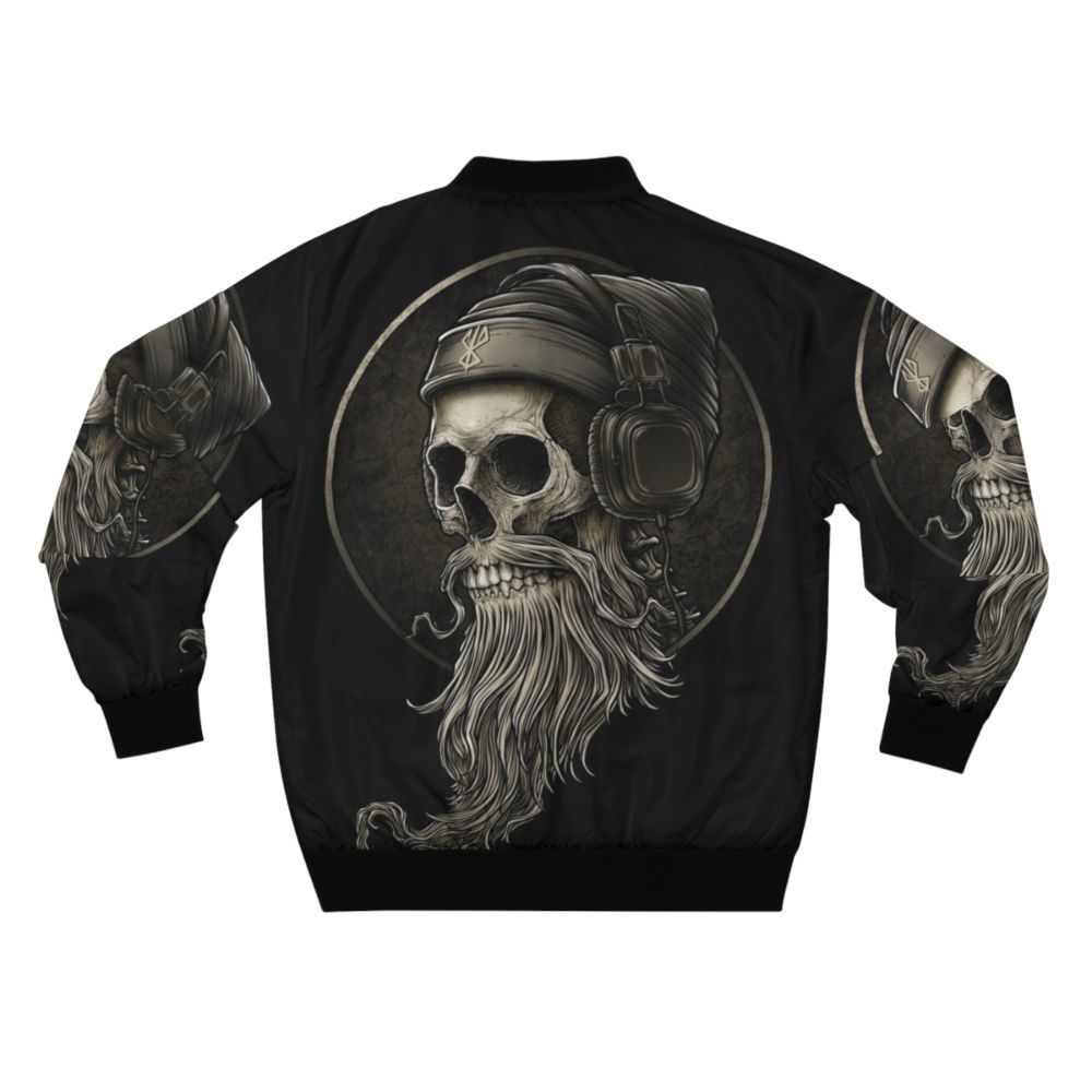 Vintage bomber jacket with bearded skull and headphone design, perfect for heavy metal fans and bikers. - Back