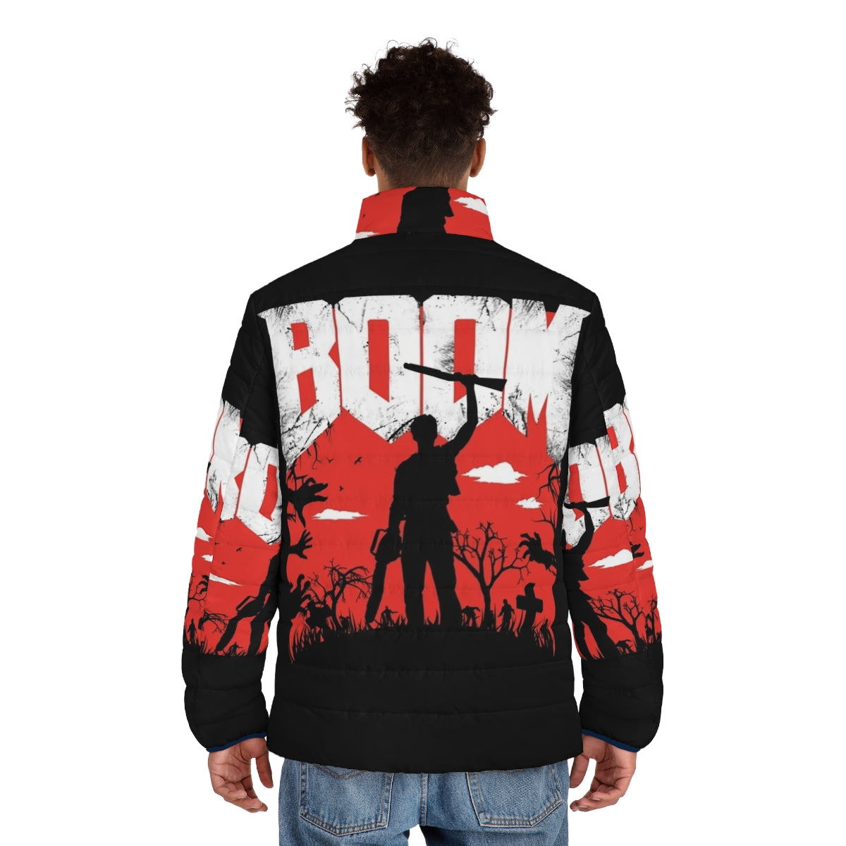 Boomstick puffer jacket with red and black design, featuring references to the Evil Dead franchise and Army of Darkness - men back