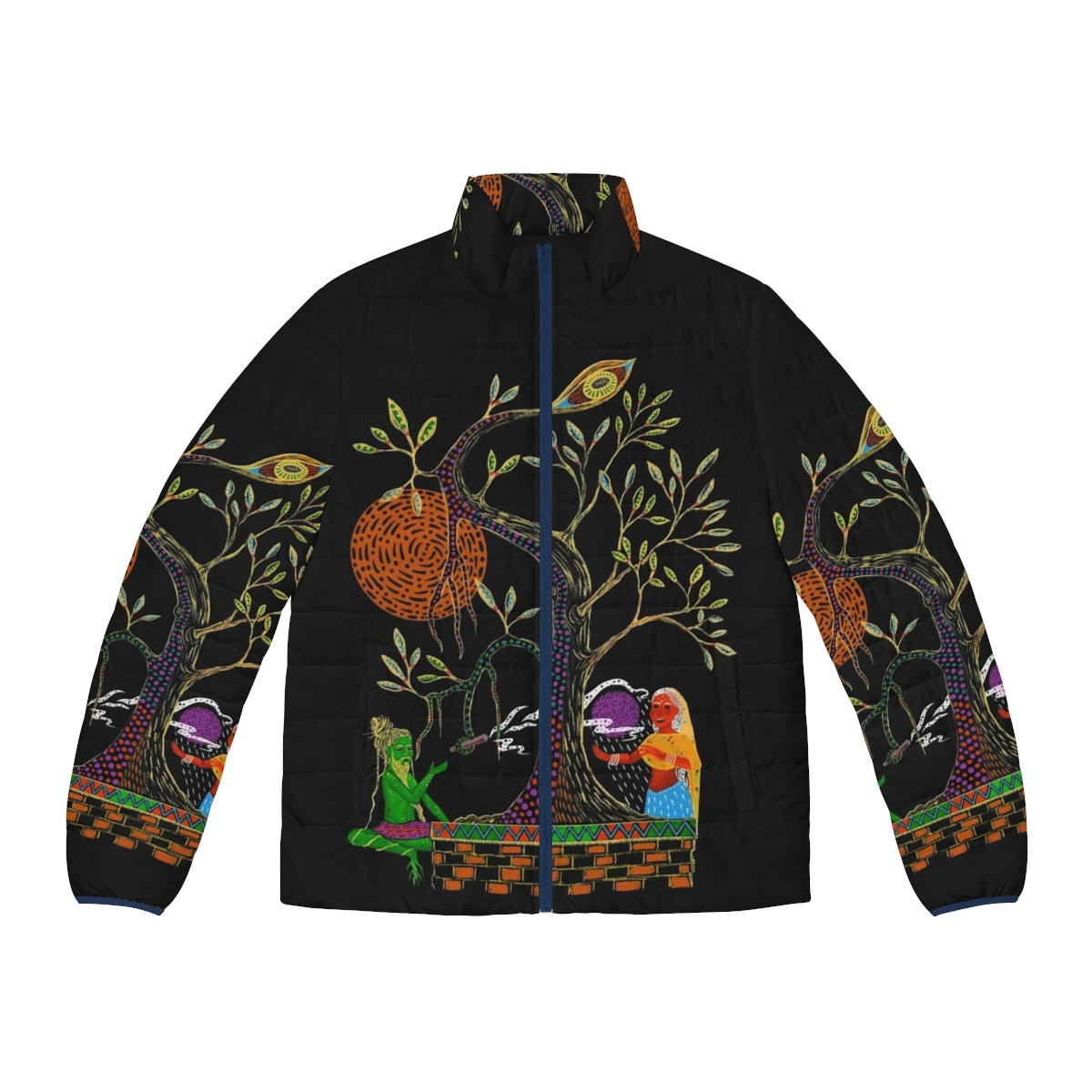 Trippy psychedelic meditation puffer jacket with yogi and seer design