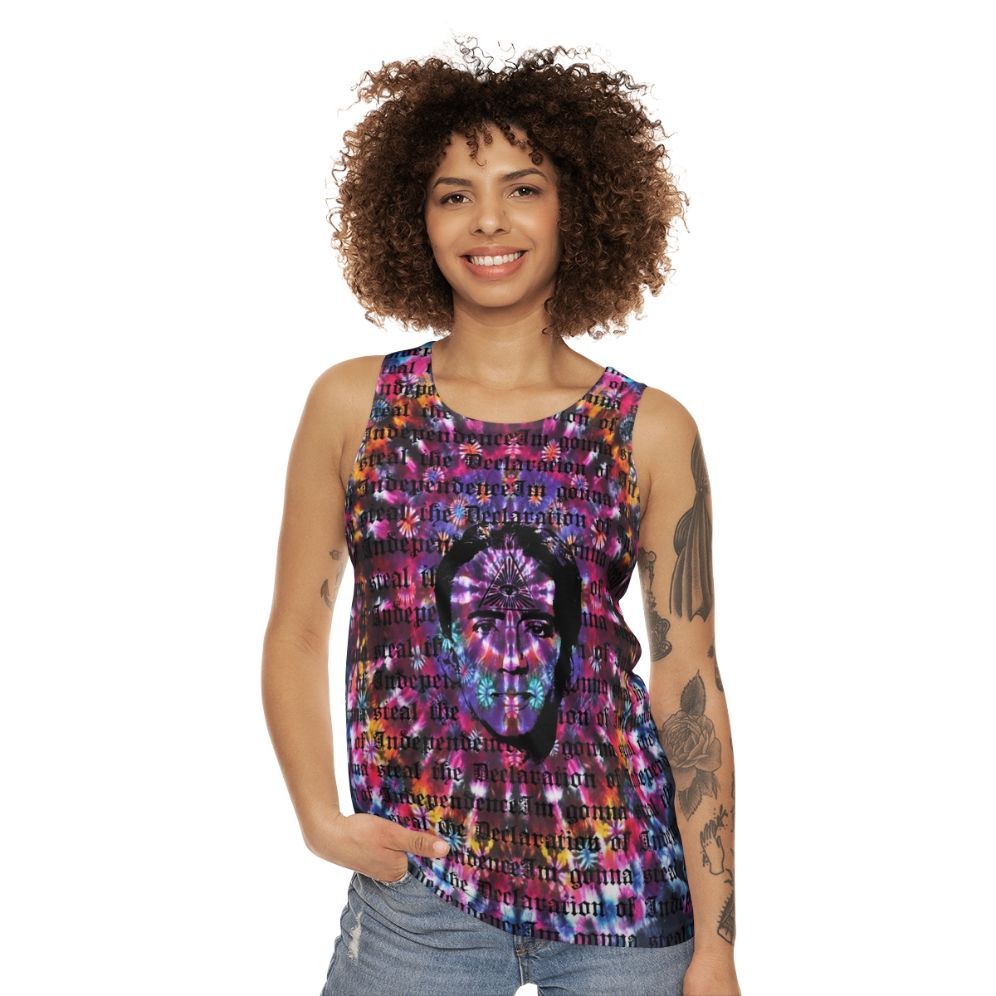 Unisex tie dye tank top with Nicolas Cage third eye design - women