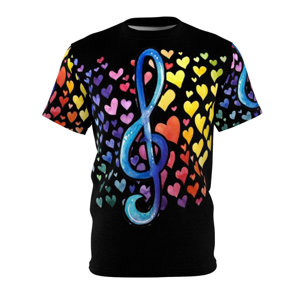 Colorful t-shirt design featuring a heart and musical notes representing the love of music