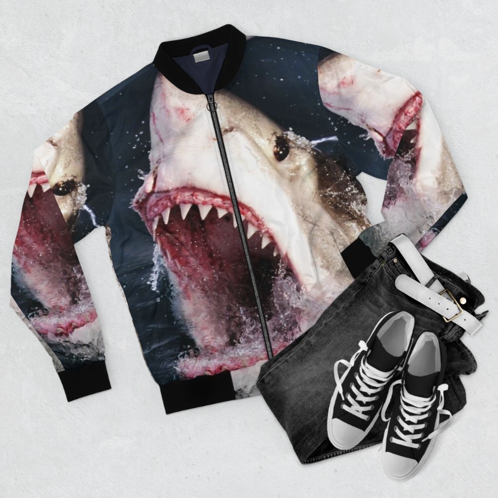 Great White Shark Bomber Jacket with 3D Shark Bite Design - Flat lay