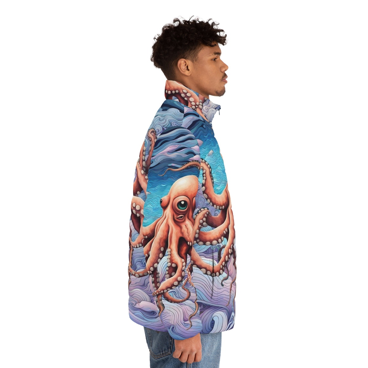 Colorful puffer jacket with an octopus print design - men side right