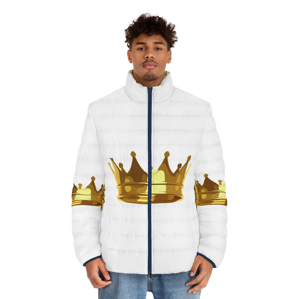 A golden puffer jacket with a regal crown design - men front