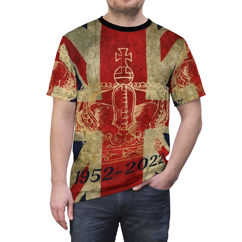 Custom t-shirt featuring a graphic design celebrating Queen Elizabeth II's Platinum Jubilee and 70 years as the monarch of the United Kingdom. - men front