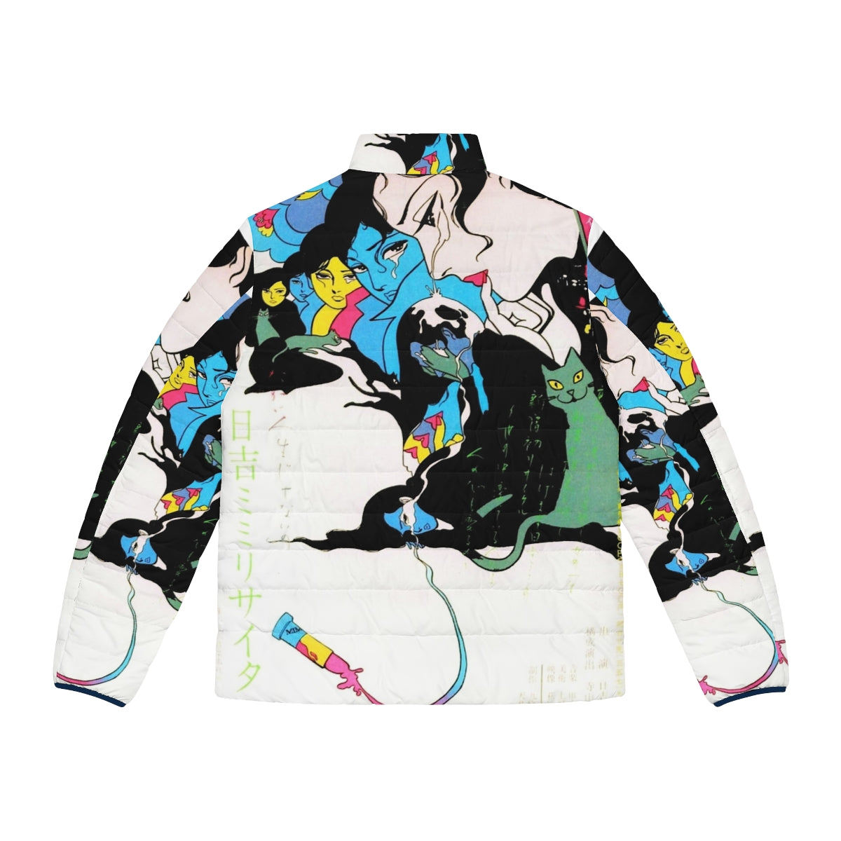 Vintage Kanashimi Puffer Jacket with colorful manga-inspired design featuring a crying cat and teardrop motif - Back