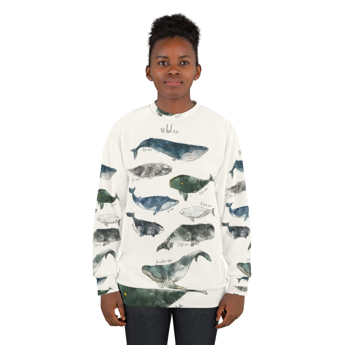 Watercolor whales sweatshirt featuring humpback and beluga whale designs - women